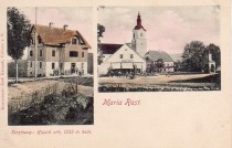 Levo grofova gozdarska hiša, desno Ruše; izdelana pred letom 1904 v umetniškem ateljeju Emil Karasek, Gablonz a. N.; poslana 27. 7. 1905 v Innichen na Tirolskem title=