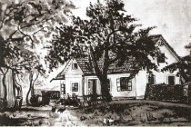 Dobnikova domačija na Činžatu okoli leta 1950 (risba Marjana Cerkovnika) title=